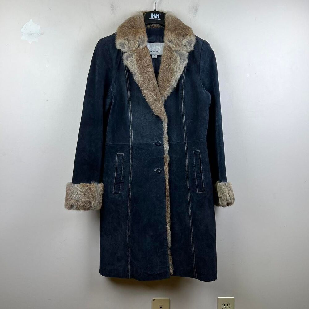 Wilsons Leather Maxima Penny Lane Fur Trimmed Coat Navy Blue Suede Fur Size S